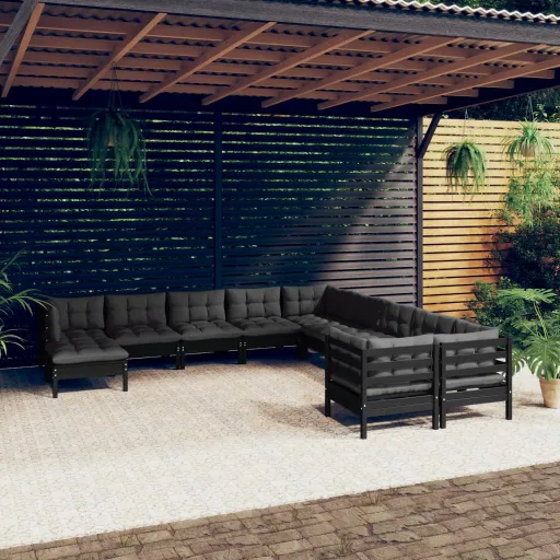 Conjunto Lounge de Jardim c/ Almofadões Pinho Preto (11 pcs)