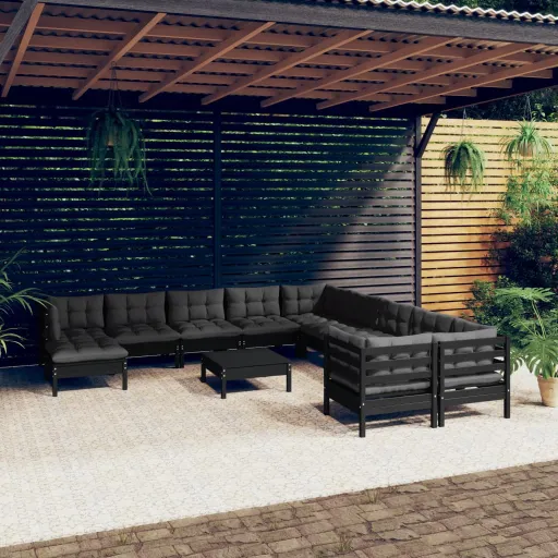 Conjunto Lounge de Jardim c/ Almofadões Pinho Preto (12 pcs)