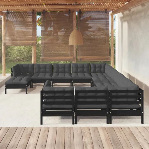 Conjunto Lounge de Jardim c/ Almofadões Pinho Preto (12 pcs)