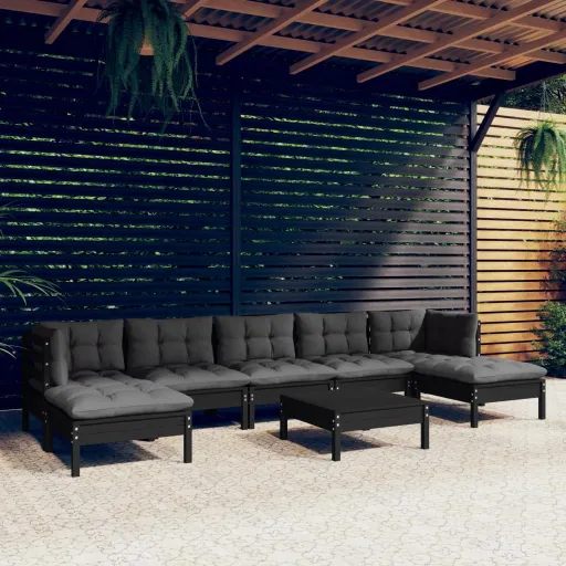 Conjunto Lounge de Jardim c/ Almofadões Pinho Preto (8 pcs)