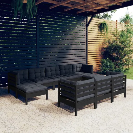 Conjunto Lounge Jardim c/ Almofadões Pinho Maciço Preto (10 pcs)