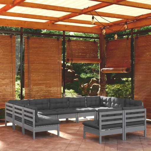 Conjunto Lounge de Jardim + Almofadões Pinho Maciço Cinza (11 pcs)