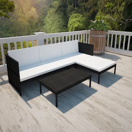 Conjunto Lounge para Jardim c/ Almofadões Vime PE Preto (3 pcs)