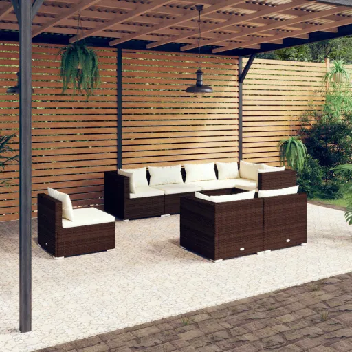 Conjunto Lounge de Jardim c/ Almofadões Vime PE Castanho (8 pcs)