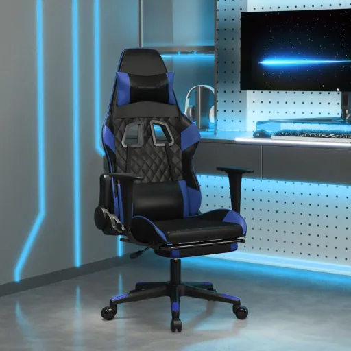 Cadeira Gaming c/ Apoio para Pés Couro Artificial Preto e Azul