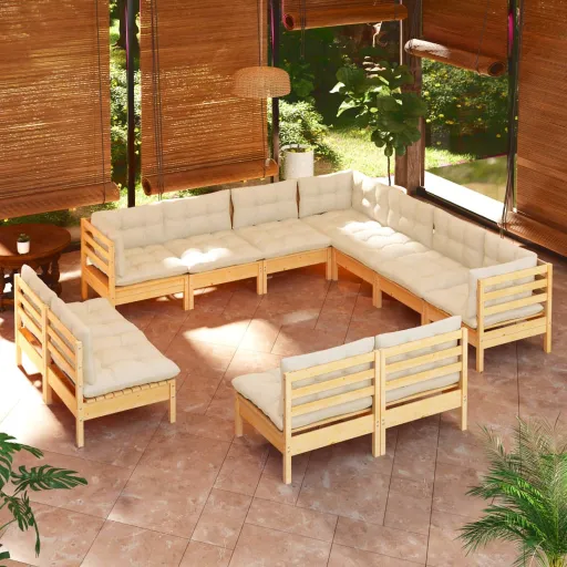 Conjunto Lounge Jardim c/ Almofadões Creme Pinho Maciço (11 pcs)