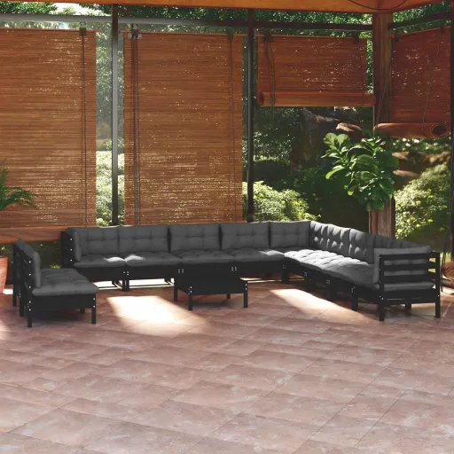 Conjunto Lounge Jardim c/ Almofadões Pinho Maciço Preto (12 pcs)