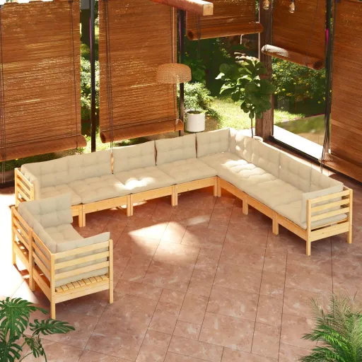 Conjunto Lounge Jardim c/ Almofadões Creme Pinho Maciço (10 pcs)