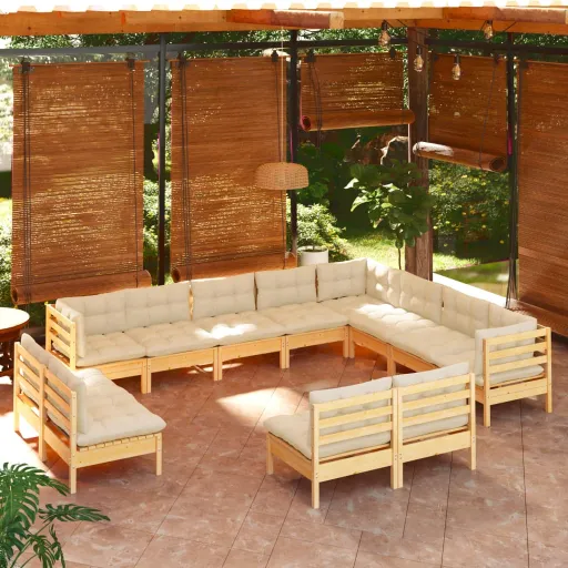 Conjunto Lounge Jardim c/ Almofadões Creme Pinho Maciço (12 pcs)