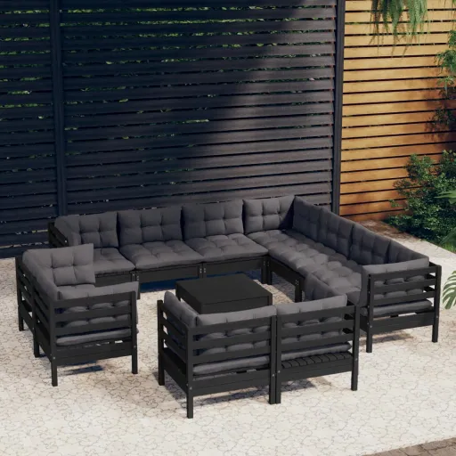 Conjunto Lounge Jardim c/ Almofadões Pinho Maciço Preto (12 pcs)