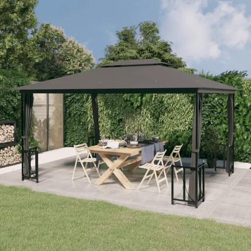 Gazebo com Paredes Laterais e Telhado Duplo 3x4 m Cor Antracite