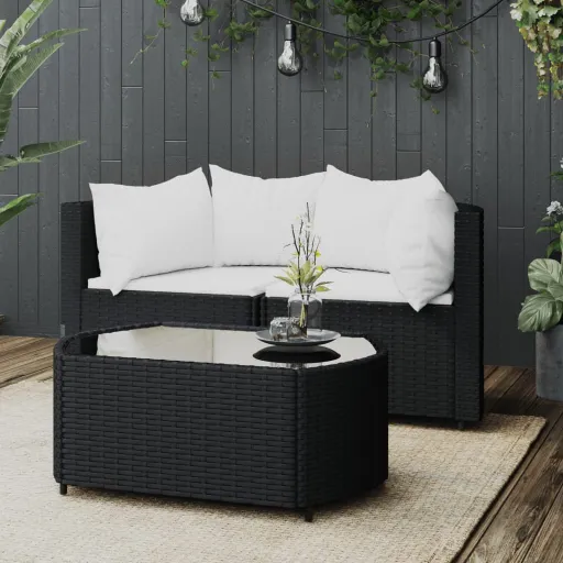 Conjunto Lounge de Jardim c/ Almofadões Vime PE Preto (3 pcs)