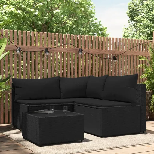 Conjunto Lounge de Jardim c/ Almofadões Vime PE Preto (4 pcs)