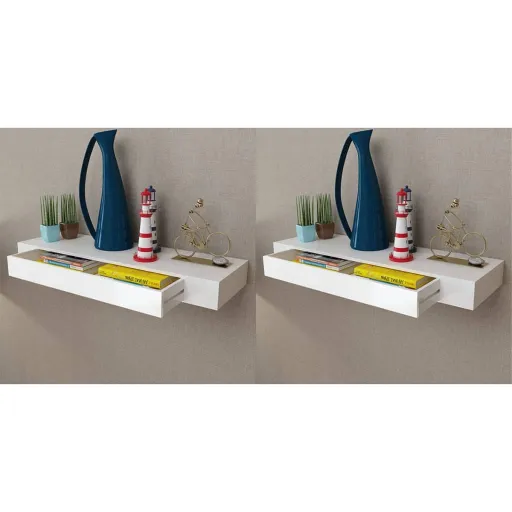 Prateleiras de Parede Suspensas com Gavetas   Branco 80 cm (2 pcs)