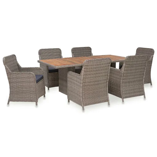 Conjunto Jantar Exterior com Almofadões Vime PE Castanho (7 pcs)