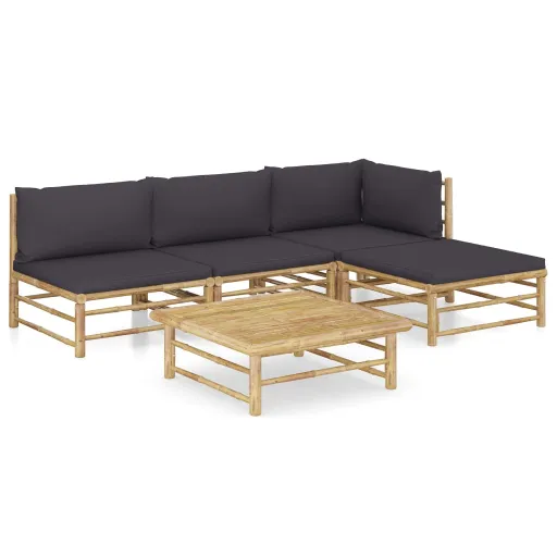 Conj. Lounge Jardim em Bambu c/ Almofadões Cinza-Escuro (5 pcs)