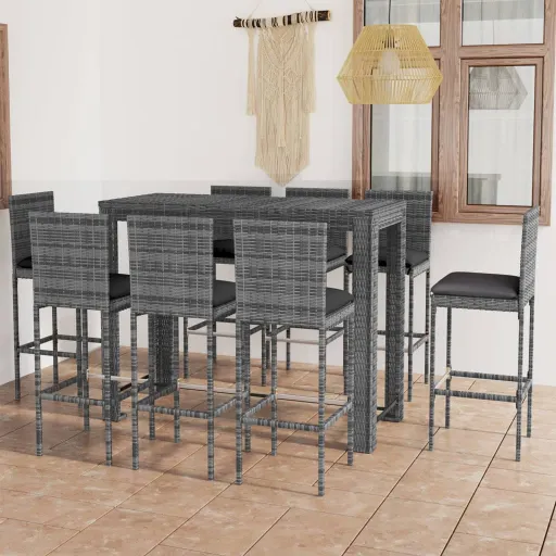 Conjunto de Bar Exterior c/ Almofadões Antracite Vime PE (9 pcs)