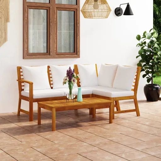 Conjunto Lounge Jardim c/ Almofadões Acácia Maciça Creme (4 pcs)