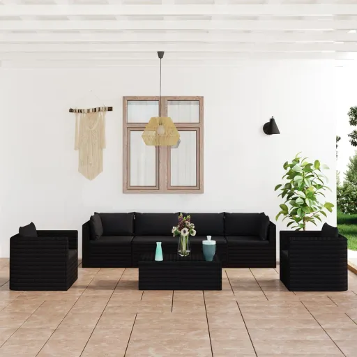 Conjunto Lounge de Jardim c/ Almofadões Vime PE Preto (7 pcs)