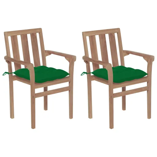 Cadeiras de Jardim c/ Almofadões Verde   Teca Maciça (2 pcs)