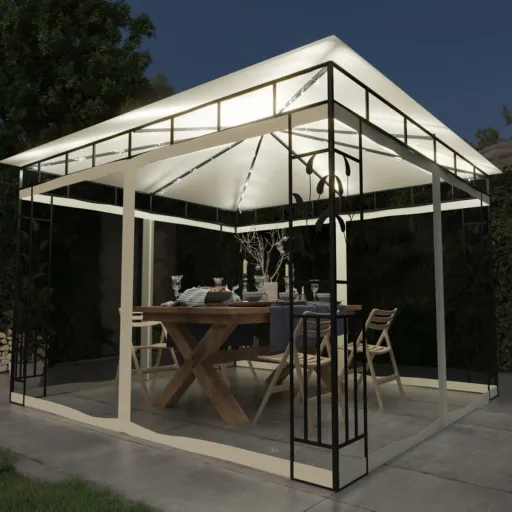 Gazebo c/ Mosquiteiro e Cordões Luzes LED 3x3x2,73m Creme