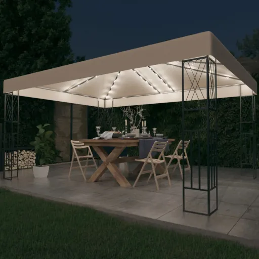 Gazebo com Cordões de Luzes LED 3x4 m Tecido Cor Creme