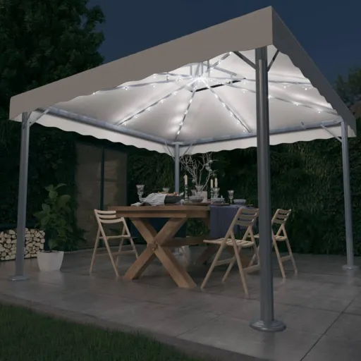 Gazebo com Cordões de Luzes LED 300x300 cm Alumínio Cor Creme