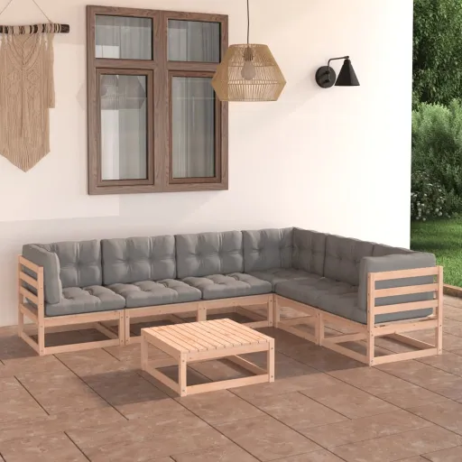 Conjunto Lounge de Jardim c/ Almofadões Pinho Maciço (7 pcs)