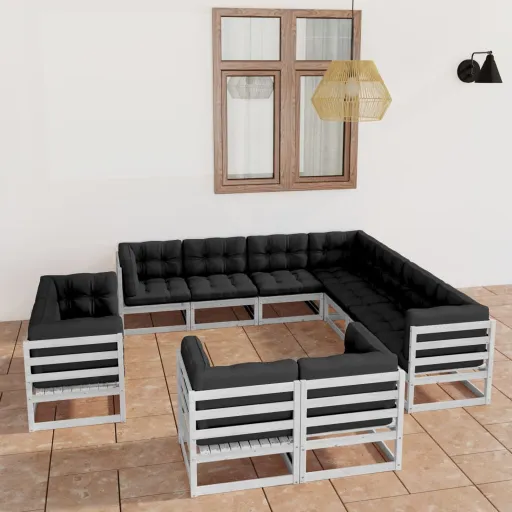 Conj. Lounge de Jardim c/ Almofadões Pinho Maciço Branco (11 pcs)