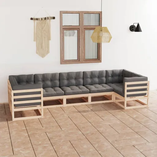 Conjunto Lounge de Jardim c/ Almofadões Pinho Maciço (7 pcs)