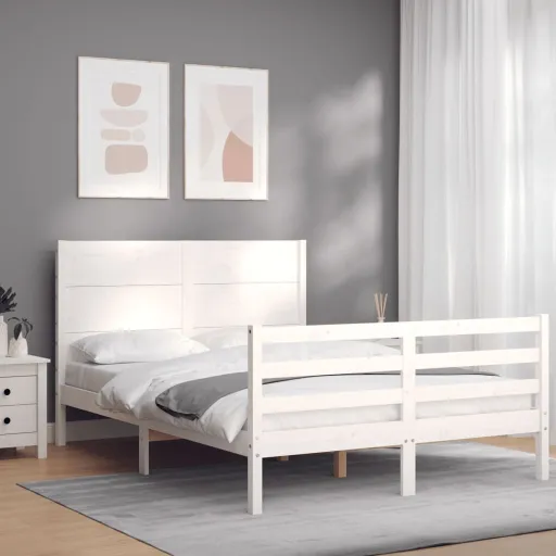 Estrutura de Cama com Cabeceira 140x200cm Madeira Maciça Branco