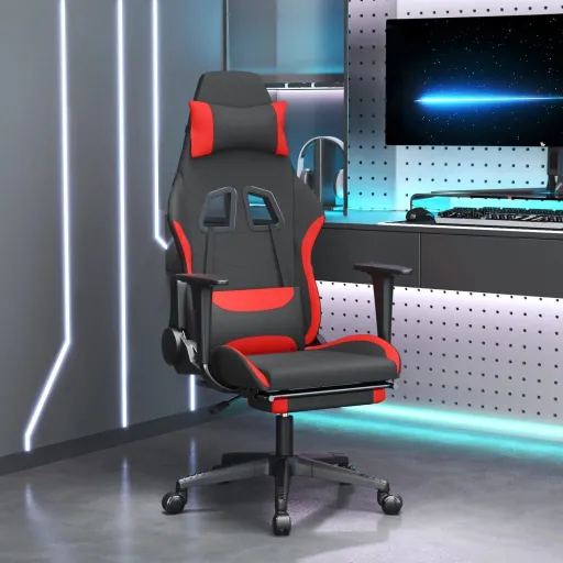 Cadeira de Gaming com Apoio de Pés Tecido Preto e Vermelho