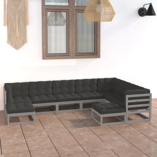 Conjunto Lounge de Jardim + Almofadões Pinho Maciço Cinza (9 pcs)