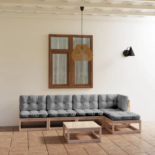 Conjunto Lounge de Jardim com Almofadões Pinho Maciço (6 pcs)