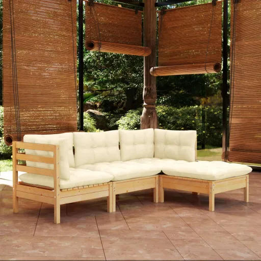 Conjunto Lounge Jardim c/ Almofadões Cor Creme Pinho (4 pcs)