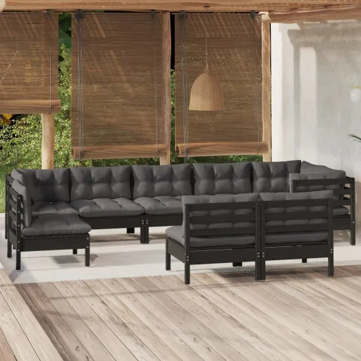 Conjunto Lounge Jardim c/ Almofadões Pinho Maciço Preto (9 pcs)