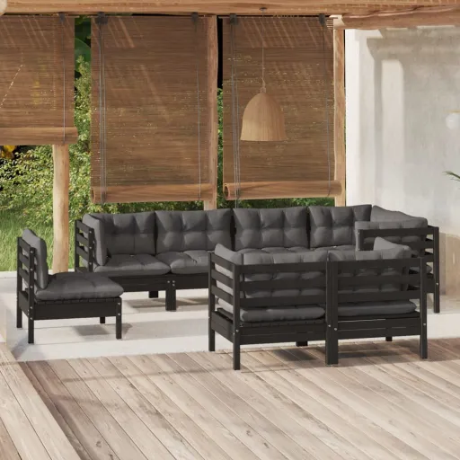 Conjunto Lounge Jardim c/ Almofadões Pinho Maciço Preto (8 pcs)