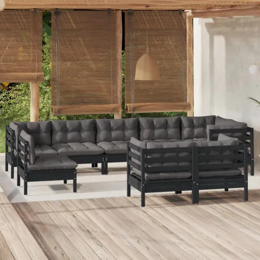 Conjunto Lounge Jardim c/ Almofadões Pinho Maciço Preto (9 pcs)