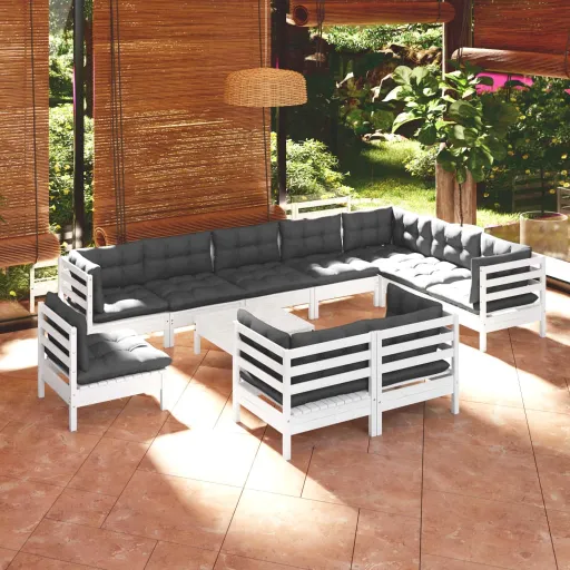 Conj. Lounge de Jardim c/ Almofadões Pinho Maciço Branco (11 pcs)