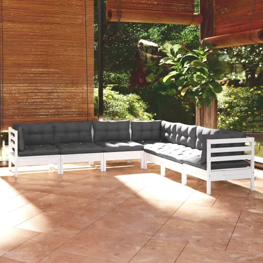 Conj. Lounge de Jardim c/ Almofadões Pinho Maciço Branco (7 pcs)