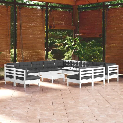 Conj. Lounge de Jardim c/ Almofadões Pinho Maciço Branco (14 pcs)