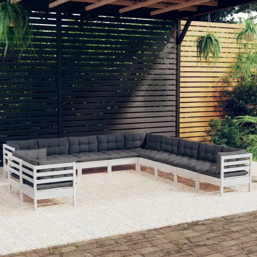 Conj. Lounge de Jardim c/ Almofadões Pinho Maciço Branco (11 pcs)