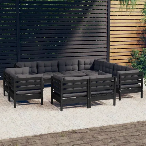 Conjunto Lounge Jardim c/ Almofadões Pinho Maciço Preto (11 pcs)