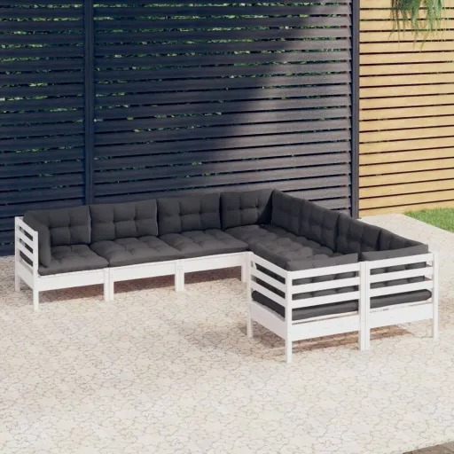 Conj. Lounge de Jardim c/ Almofadões Pinho Maciço Branco (8 pcs)