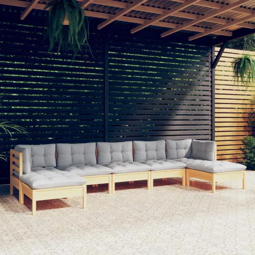 Conjunto Lounge de Jardim c/ Almofadões Cinzentos Pinho (7 pcs)