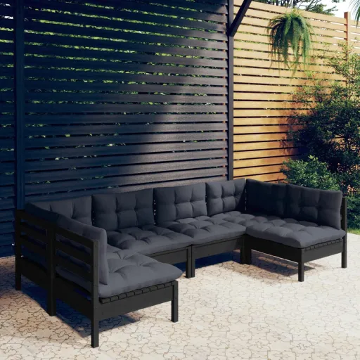 Conjunto Lounge Jardim c/ Almofadões Pinho Maciço Preto (6 pcs)