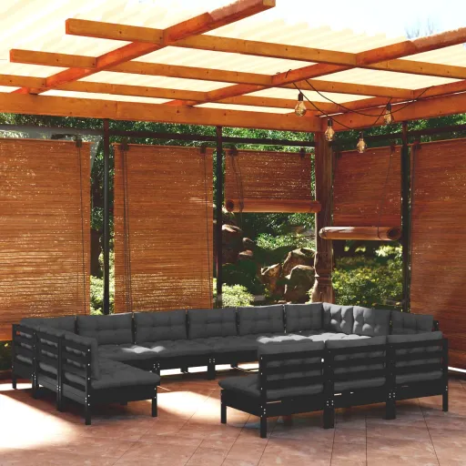 Conjunto Lounge Jardim c/ Almofadões Pinho Maciço Preto (13 pcs)