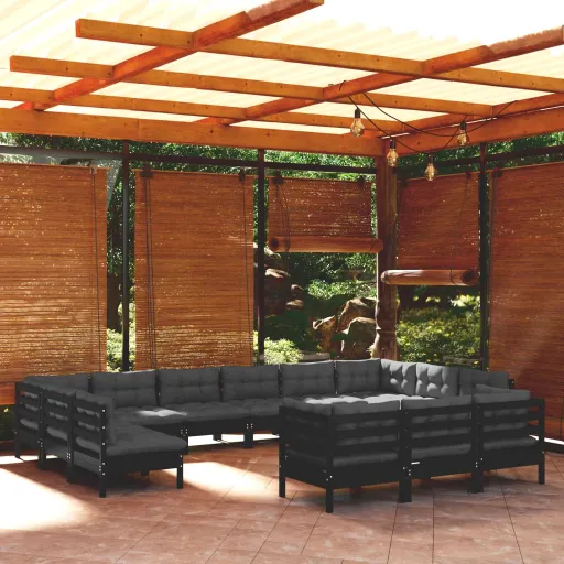 Conjunto Lounge de Jardim c/ Almofadões Pinho Preto (13 pcs)