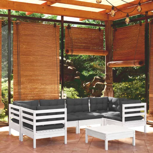 Conjunto Lounge de Jardim c/ Almofadões Pinho Branco (7 pcs)