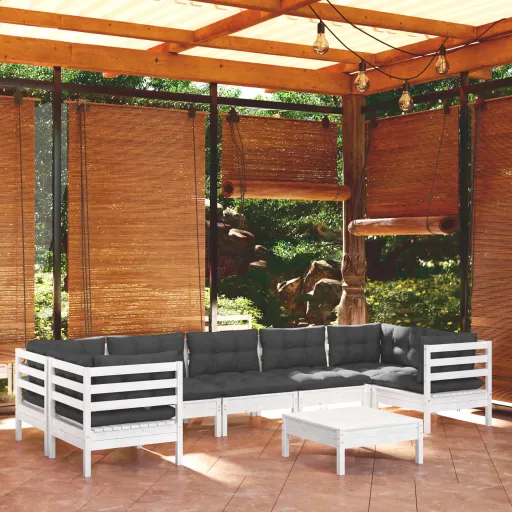 Conjunto Lounge de Jardim c/ Almofadões Pinho Branco (8 pcs)